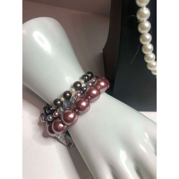 1315 Long Necklace & bracelet 6pc lot faux pearl demure layering White pinkcream - Picture 3 of 3